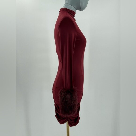 🆕 BRONX & BANCO 🧿 NWOT Eleanor Burgundy Fur Trimmed Mini Dress, Sz XS US 2 - Picture 11 of 17